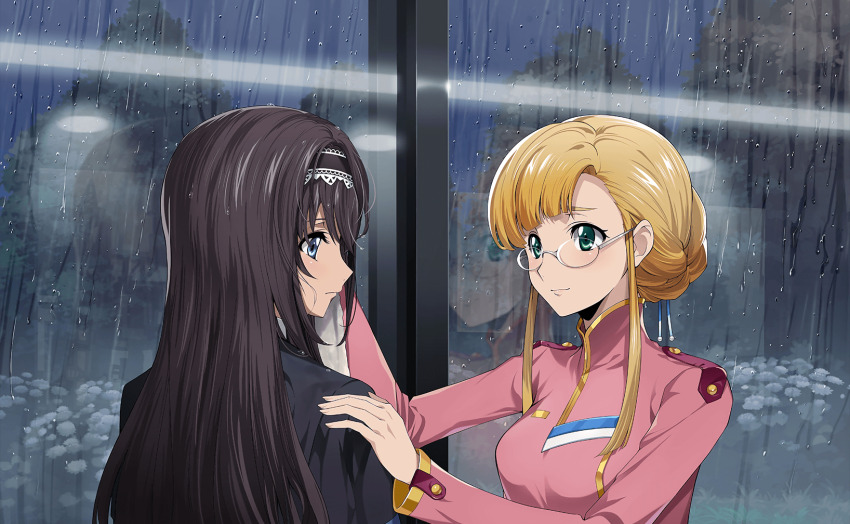 2girls artist_request black_hair black_jacket blue_eyes breasts clarice_garfield closed_mouth code_geass code_geass:_lost_stories game_cg glass highres jacket large_breasts long_hair maya_disel military_uniform multiple_girls non-web_source official_art pink_shirt shirt sidelocks smile