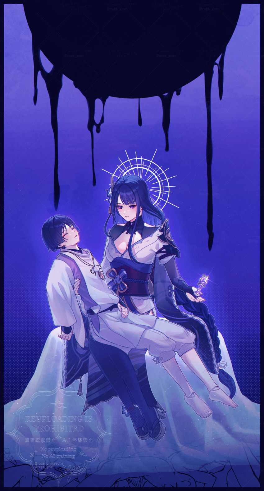 1boy 1girl absurdres ankle_flower armor arms_at_sides asymmetrical_sidelocks black_bow black_bridal_gauntlets black_hair black_sash black_shrug black_thighhighs blunt_bangs blunt_ends bow braid bridal_gauntlets brown_sandals closed_eyes closed_mouth clothing_cutout colored_inner_hair commentary_request corpse doll_joints expressionless eyelashes eyeliner eyeshadow facing_up feathers flower furisode gem genshin_impact glint gnosis_(genshin_impact) gold_ring hair_flower hair_ornament halo halo_behind_head hand_on_another's_back hand_on_own_thigh high_heel_sandals highres japanese_armor japanese_clothes joints kariginu kimono kote kurokote legs_together long_hair long_sleeves looking_at_another low-braided_long_hair low-tied_long_hair makeup middle_ring mitsudomoe_(shape) mole mole_under_eye mother_and_son multicolored_hair obi obiage obijime off_shoulder open_hand pants parted_lips pelvic_curtain pile_of_corpses pink_eyes pink_nails pom_pom_(clothes) puppet purple_background purple_flower purple_gem purple_hair purple_kimono purple_rope raiden_shogun red_eyeliner red_eyeshadow roge_gnsn rope sandals sash scaramouche_(genshin_impact) scaramouche_(kabukimono)_(genshin_impact) short_kimono short_sleeves shrug_(clothing) side_cutout sidelocks signature single_sode sitting sitting_on_lap sitting_on_person spiked_halo string swept_bangs tassel tassel_hair_ornament thighhighs toes tomoe_(symbol) tsurime twitter_username unconscious very_long_hair watermark watermark_grid white_halo white_mouth white_pants white_sleeves yellow_feathers