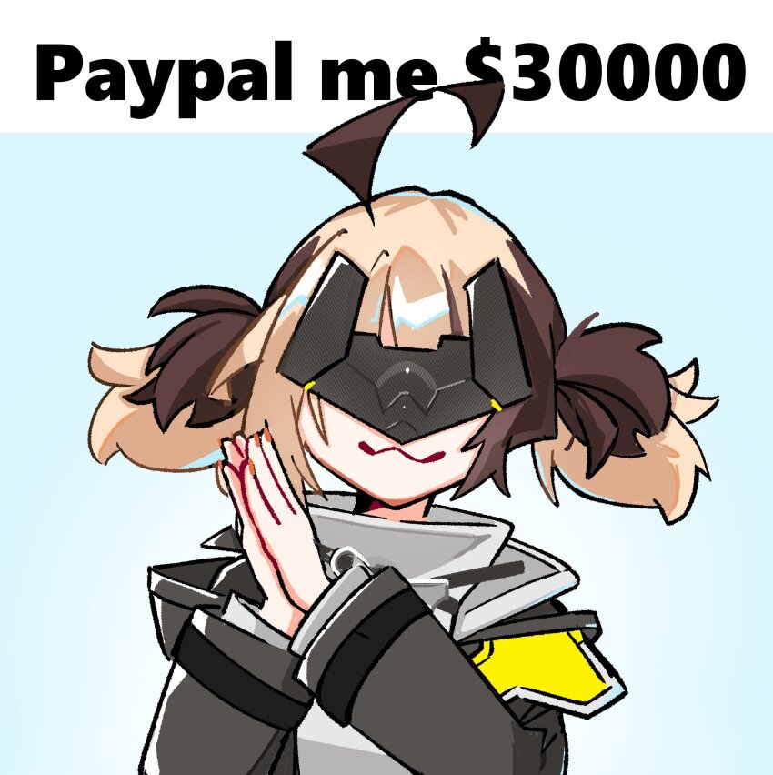 1girl :3 absurdres ahoge black_coat black_mask blue_background brown_hair coat cosplay endministrator_(arknights) english_text eye_mask gigi_murin grey_sweater hashtag-only_commentary highres hololive hololive_english huge_ahoge long_sleeves male_endministrator_(arknights) male_endministrator_(arknights)_(cosplay) mask meme own_hands_together paypal_me_x_(meme) popintarts short_hair simple_background smile solo sweater turtleneck turtleneck_sweater twintails upper_body virtual_youtuber