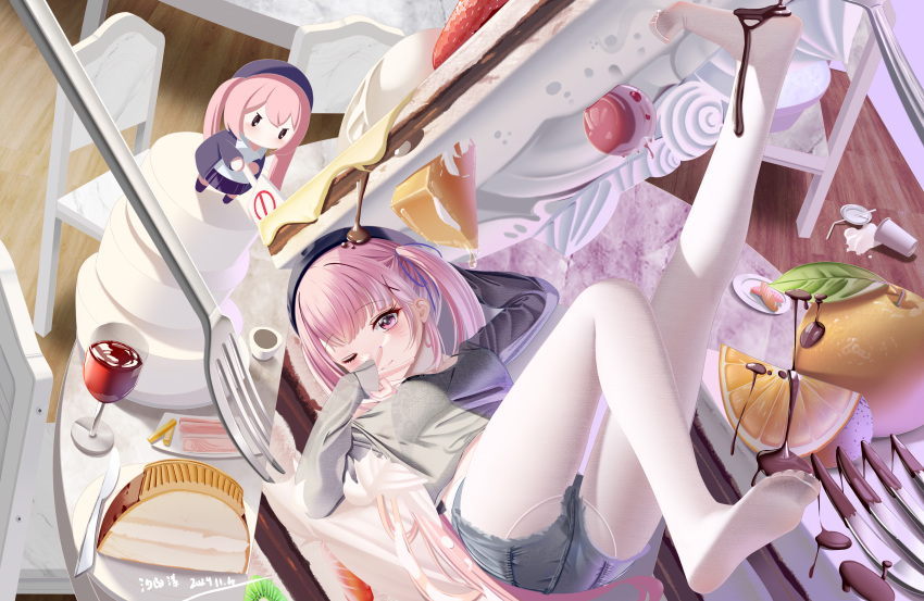 1girl 2024 absurdres ass barefoot breasts cake cake_slice character_doll commentary doll feet food fork fruit hat highres legs long_hair long_sleeves looking_at_viewer lying mini_person minigirl no_shoes on_back one_eye_closed orange_(fruit) original pantyhose pink_hair purple_eyes purple_hair ribbon smile soles solo strawberry toes twintails virtual_youtuber white_pantyhose xi_yang_yang