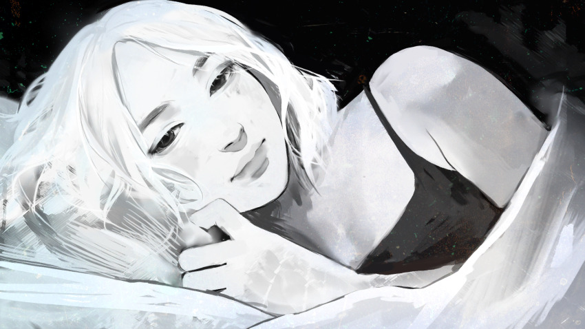 1girl angela_he bed black_tank_top bob_cut facing_viewer game_cg greyscale half-closed_eyes head_on_pillow highres i_woke_up_next_to_you_again large_variant_set looking_at_viewer lying monochrome non-web_source official_art on_side pillow short_hair smile solo spaghetti_strap tank_top under_covers upper_body variant_set white_hair