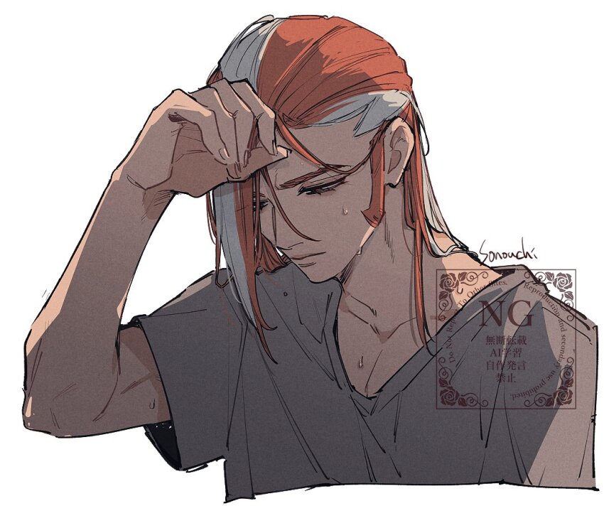 1boy arm_up collarbone commentary_request cropped_torso grey_shirt grisham_(pokemon) hair_down looking_down male_focus multicolored_hair nintendo pk12_z pokemon pokemon_legends:_z-a red_hair shirt short_sleeves sideburns solo v-neck watermark wet wet_hair white_hair