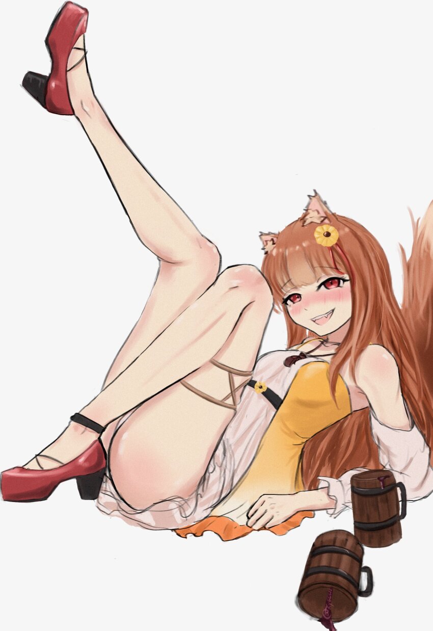 1girl absurdres alternate_costume animal_ears ass bare_shoulders beer_mug blunt_bangs blush breasts brown_hair brown_tail collarbone cup detached_sleeves dress dress_ribbon fangs full_body gradient_background grey_background hair_ornament hashtag-only_commentary high_heels highres holo knee_up ky_(ky66622) leg_up legs long_hair looking_at_viewer lying mug on_back open_mouth panties red_eyes red_shoes shoes small_breasts smile solo spice_and_wolf tail thighs two-tone_dress underwear white_dress white_panties white_sleeves wolf_ears wolf_girl wolf_tail yellow_dress