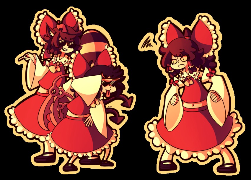 3girls animal_ears ascot asymmetrical_wings black_hair bow brown_hair cosplay daigada detached_sleeves disguise full_body futatsuiwa_mamizou grin hair_bow hair_tubes hakurei_reimu hakurei_reimu_(cosplay) houjuu_nue multiple_girls navel raccoon_ears smile squiggle sunglasses tongue tongue_out touhou transparent_background wings