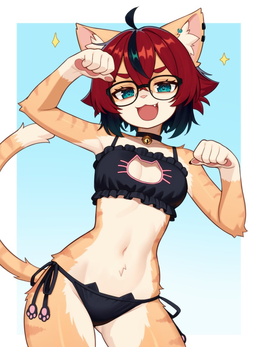 1girl absurdres aeiou_(yoako) ahoge animal_ears aqua_background aqua_eyes bare_shoulders bell black-framed_eyewear black_bra black_choker black_hair black_panties border bra breasts cat_ears cat_tail choker cleavage_cutout clothing_cutout collarbone commentary cowboy_shot earclip earrings english_commentary fang furry furry_female glasses gluteal_fold gradient_background hair_between_eyes highres jewelry looking_at_viewer moursho multicolored_hair navel neck_bell open_mouth original panties paw_pose red_hair short_hair small_breasts solo sparkle stomach tail thighs two-tone_hair underwear white_border