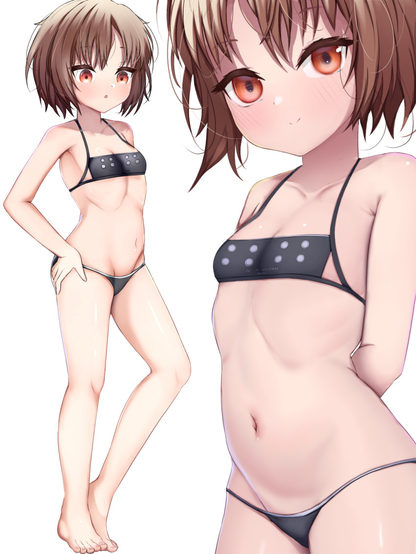 1girl :o absurdres arms_behind_back bare_arms bare_legs bare_shoulders barefoot bikini black_bikini blush breasts brown_eyes brown_hair closed_mouth collarbone full_body groin hand_on_own_hip highres llenn_(sao) loli looking_at_viewer multiple_views navel parted_lips semnomeart short_hair simple_background small_breasts smile standing stomach swimsuit sword_art_online sword_art_online_alternative:_gun_gale_online toes white_background
