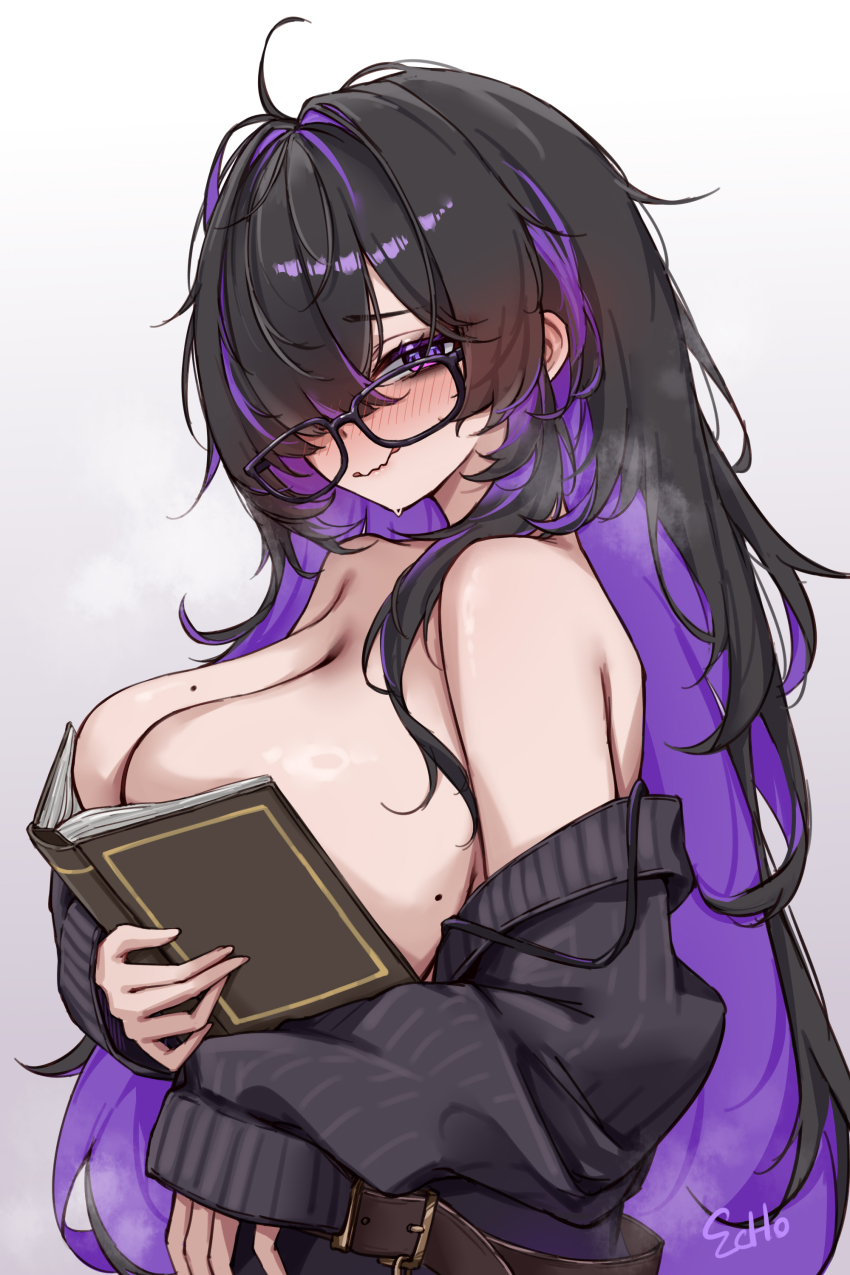 1girl absurdres bags_under_eyes belt black-framed_eyewear black_cardigan black_hair blush boobs_in_book_(meme) book breasts cardigan commentary e.c.ho english_commentary glasses goddess_of_victory:_nikke hair_over_one_eye highres holding holding_book label_(nikke) long_hair looking_at_viewer looking_to_the_side meme mole mole_on_breast multicolored_hair nervous_smile no_shoes one_eye_covered purple_hair signature simple_background smile solo straight_hair two-tone_hair very_long_hair wavy_mouth