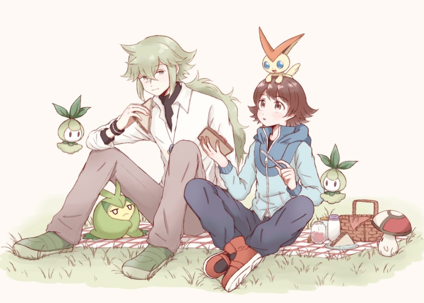 2boys blue_jacket blue_pants brown_eyes brown_hair collared_shirt commentary_request crossed_bangs eating food foongus gen_5_pokemon green_eyes green_footwear green_hair grey_pants hair_between_eyes highres hilbert_(pokemon) jacket legendary_pokemon long_hair male_focus multiple_boys mythical_pokemon n_(pokemon) nintendo on_grass on_head pants parted_lips petilil picnic picnic_basket poke_ball_symbol pokemon pokemon_(creature) pokemon_bw pokemon_on_head red_footwear sandwich shippo_(sbnk4po) shirt shoes short_hair swadloon undershirt victini white_shirt zipper_pull_tab