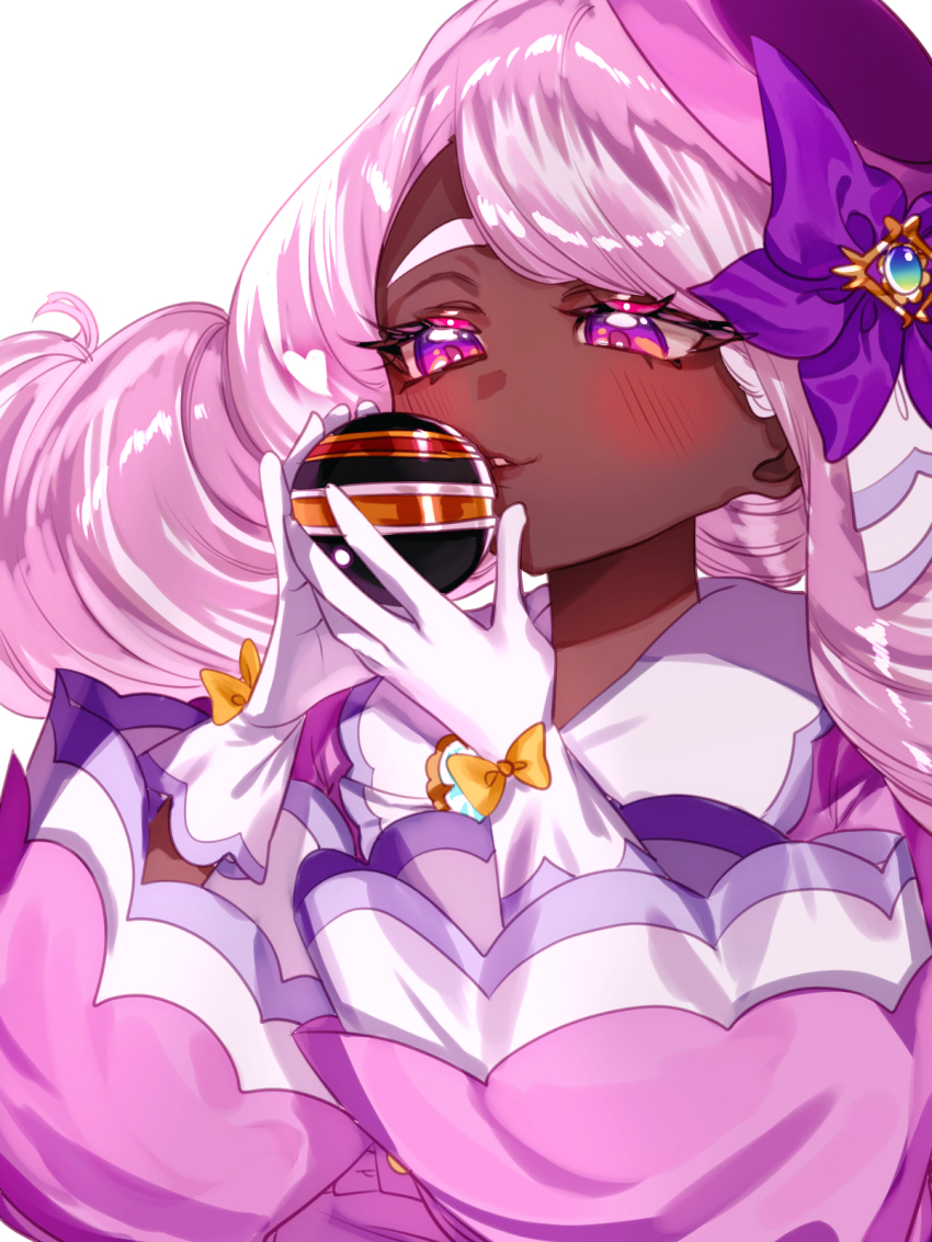 1girl blush bow commentary_request dark-skinned_female dark_skin dress fascinator frills glove_bow gloves godouyu_(neisukun) highres holding holding_poke_ball jacinthe_(pokemon) long_hair long_sleeves luxury_ball mega_stone nintendo parted_lips poke_ball pokemon pokemon_legends:_z-a puffy_sleeves purple_dress purple_eyes purple_hair simple_background smile solo upper_body very_dark_skin white_background white_gloves