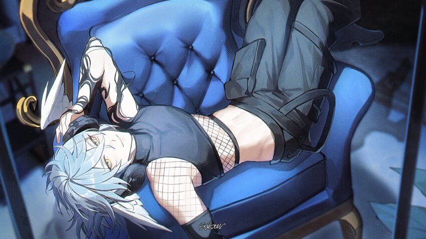 1boy arm_up armchair artist_name black_gloves black_pants black_shirt chair closed_mouth commentary crop_top crossed_bangs elbow_gloves english_commentary feathered_wings fishnet_top fishnets gloves grey_hair hair_between_eyes head_wings headphones highres honkai:_star_rail honkai_(series) indoors light_particles looking_at_viewer lying male_focus medium_hair midriff moonya navel on_back on_chair pants plant shirt signature single_glove sleeveless sleeveless_shirt smile solo stomach sunday_(honkai:_star_rail) turtleneck white_wings wings yellow_eyes