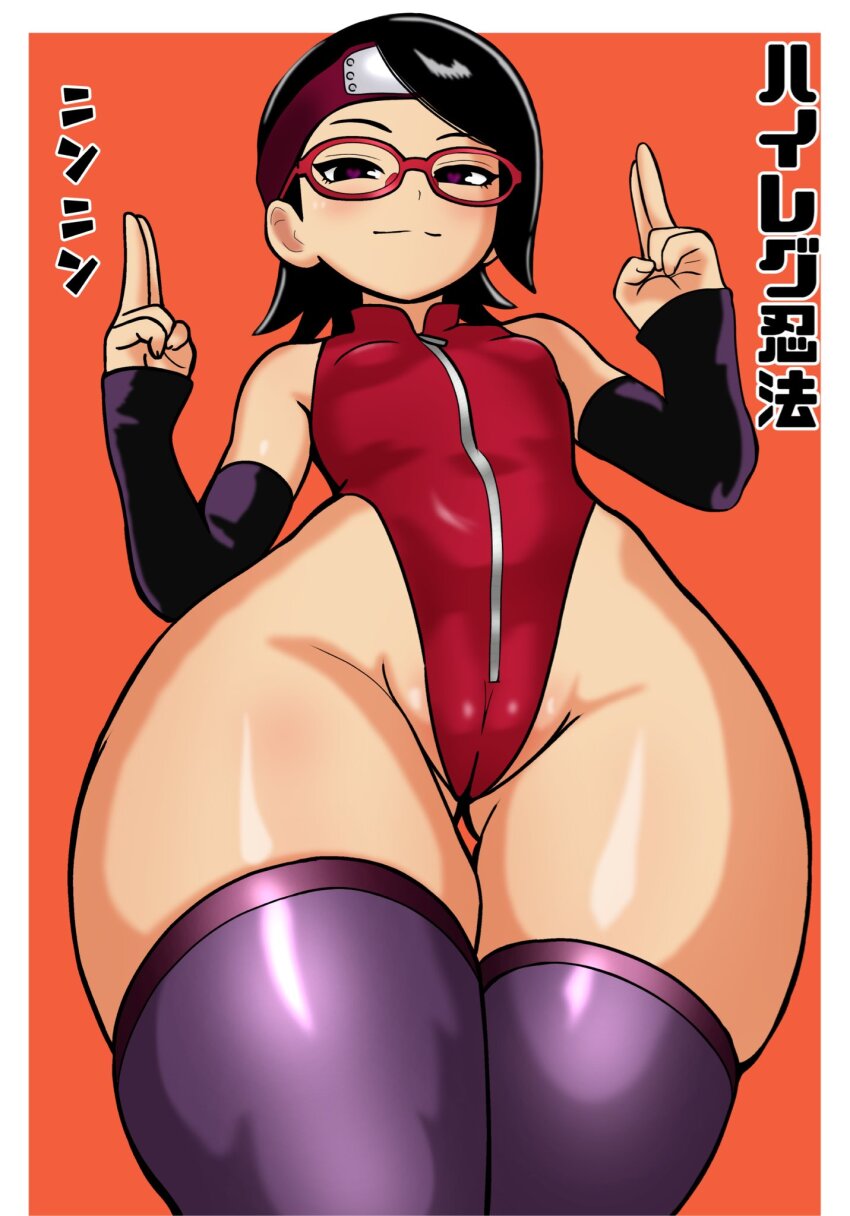1girl black_hair black_sleeves boruto:_naruto_next_generations breasts cameltoe detached_sleeves finger_gun forehead_protector glasses gluteal_fold headband heart heart-shaped_pupils highres japanese_text leotard mandarin_collar naruto_(series) orange_background purple_eyes purple_thighhighs red-framed_eyewear red_leotard short_hair skindentation small_breasts smile solo symbol-shaped_pupils thick_thighs thigh_gap thighhighs thighs tonbi_(enbitonbi) uchiha_sarada wide_hips zipper_leotard