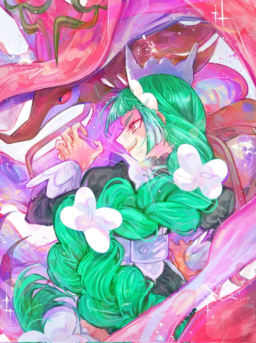 1girl apron black_romper blunt_bangs bow braid braided_ponytail colored_sclera colored_skin dragalge dragon_horns gen_6_pokemon green_hair highres horns juliet_sleeves leafy_seadragon lebanne_(pokemon) long_braid long_sleeves maid_apron maid_headdress mega_dragalge mega_evolution mega_pokemon nintendo orb pink_eyes pokemon pokemon_(creature) pokemon_legends:_z-a puffy_sleeves purple_skin red_sclera romper slit_pupils spi_77 tsurime v-shaped_eyebrows v-shaped_eyes white_bow