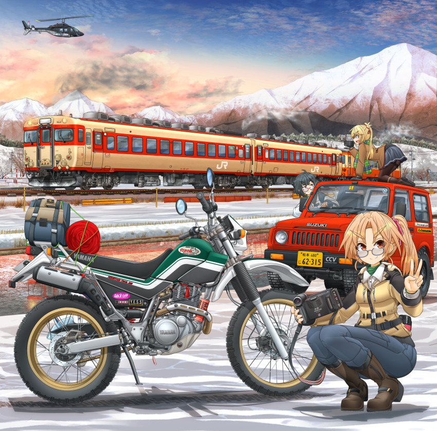 3girls absurdres aircraft all_fours bell_222 black-framed_eyewear black_footwear black_gloves black_hair black_pantyhose blue_pants blue_skirt blue_sky boots brown_coat brown_footwear camera car clear_sky closed_mouth coat commentary_request driving frown glasses gloves green_scarf hair_ribbon helicopter highres holding holding_camera jacket long_hair long_sleeves medium_hair mikeran_(mikelan) miniskirt motor_vehicle motorcycle mountainous_horizon multiple_girls multiple_unit_train on_car on_vehicle one_side_up open_mouth original outdoors pants pantyhose partial_commentary pleated_skirt red-framed_eyewear red_ribbon red_scrunchie ribbon scarf scrunchie semi-rimless_eyewear short_hair side_ponytail skirt sky smile snow squatting suzuki_(company) suzuki_jimny sweatdrop taking_picture thighband_pantyhose train twilight under-rim_eyewear v video_camera white_jacket winter_clothes yamaha yellow_coat