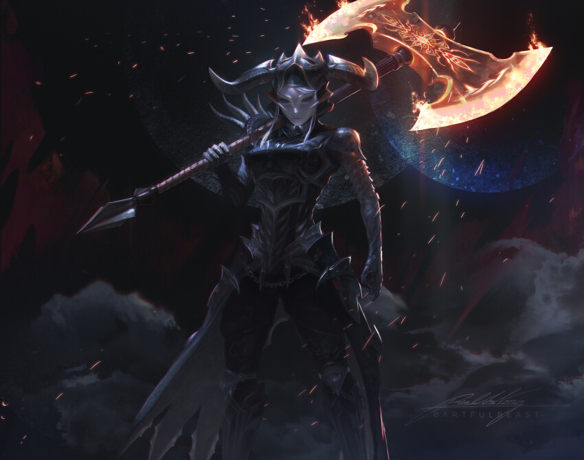 1girl absurdres armor artist_name axe battle_axe black_armor chain closed_mouth colored_sclera commentary commission english_commentary fake_horns fantasy feet_out_of_frame fire flaming_weapon helmet highres holding holding_axe holding_weapon horned_armor horned_helmet horns light_particles lips looking_to_the_side nose original over_shoulder pale_skin paul_nong purple_eyes purple_sclera signature solo standing weapon weapon_over_shoulder white_hair