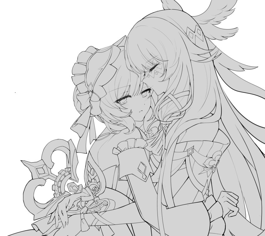 2girls closed_eyes columbina_(genshin_impact) commentary detached_collar detached_sleeves eye_mask feathered_wings genshin_impact greyscale hair_ornament head_wings headdress highres mask monochrome multiple_girls multiple_wings sandrone_(genshin_impact) see-through_clothes see-through_mask short_hair_with_long_locks symbol-only_commentary winding_key wing_hair_ornament wings wrist_bow x-shaped_eyewear xu_(anniechika) yuri