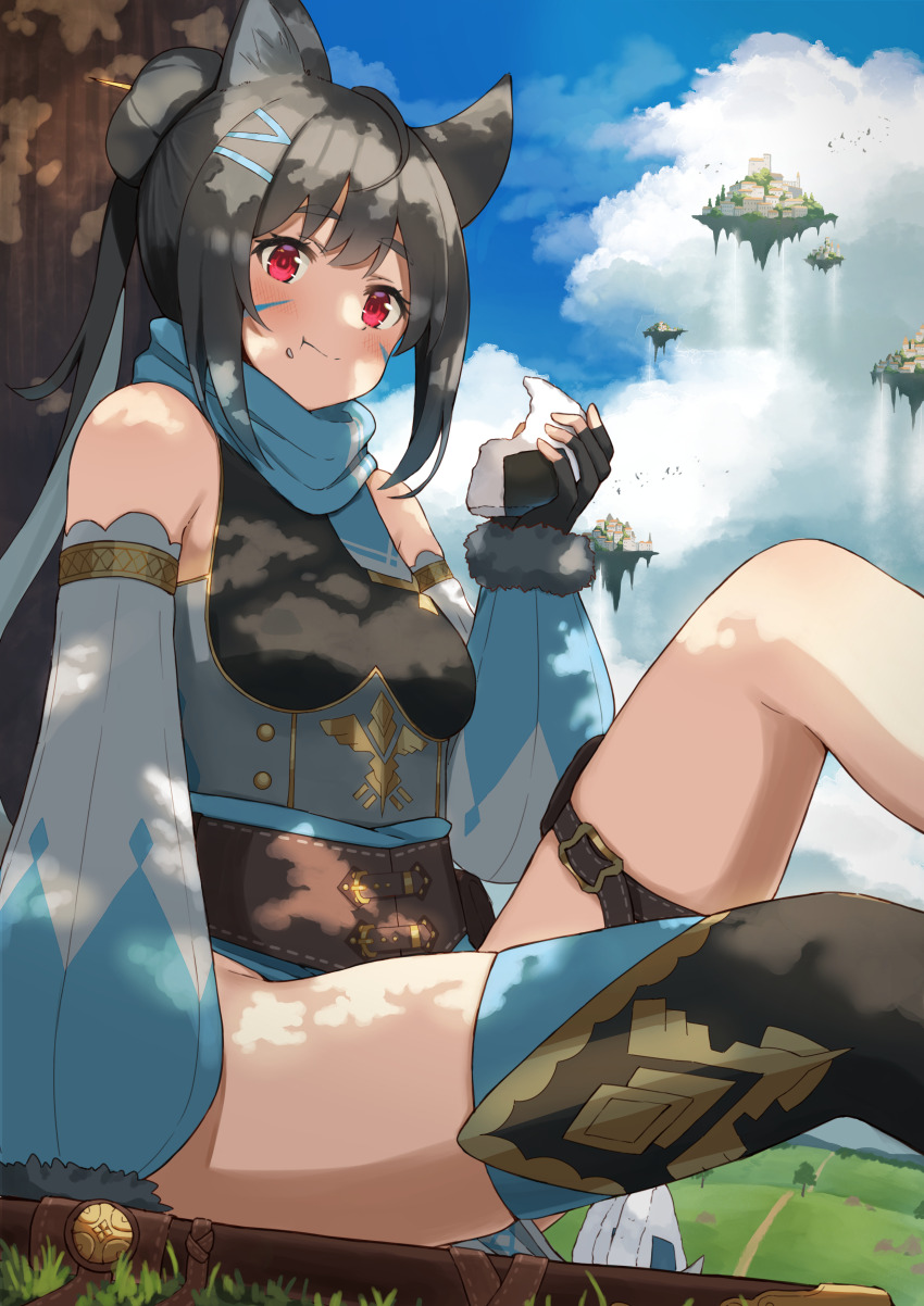 1girl :t absurdres against_tree animal_ears black_gloves black_hair black_leotard blue_hair blue_scarf blue_sky blue_sleeves breasts cat_ears cat_girl cloud colored_inner_hair commentary_request cumulonimbus_cloud dappled_sunlight day detached_sleeves eating feet_out_of_frame fingerless_gloves floating_island food food_on_face gloves hair_bun hair_ornament hairclip highres holding holding_food leotard long_hair long_sleeves multicolored_hair ninja onigiri original outdoors pelvic_curtain red_eyes scarf single_hair_bun sitting sky small_breasts solo sunlight tree wanitaroo._(waniwani_panic)