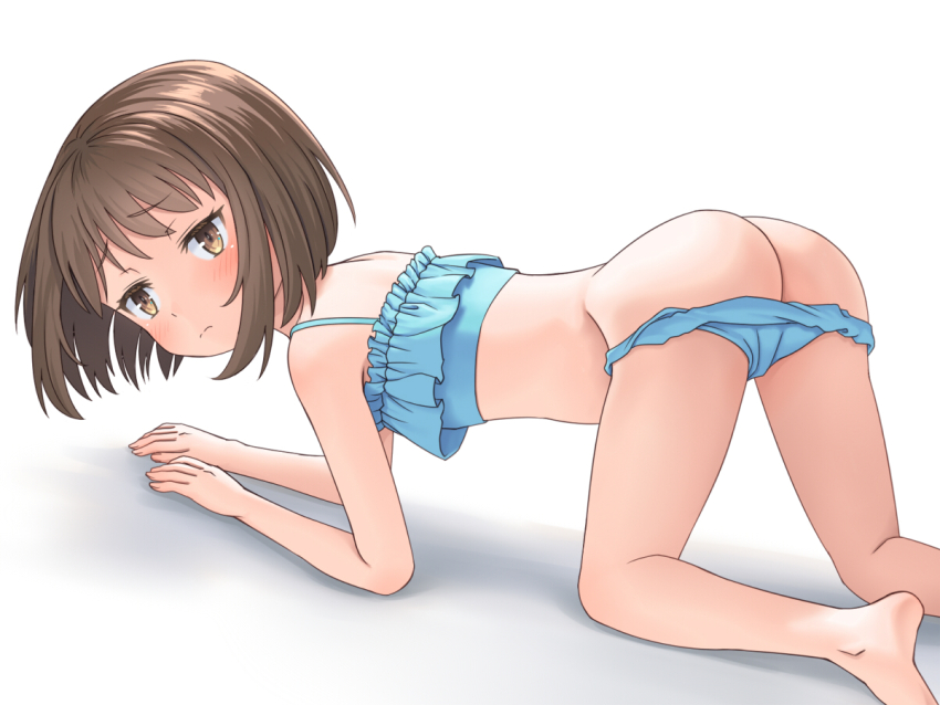 1girl all_fours ass barefoot bikini bikini_bottom_pull blue_bikini blush brown_eyes brown_hair closed_mouth commentary_request loli looking_at_viewer meow_(nekodenki) original partially_undressed short_hair simple_background solo swimsuit white_background