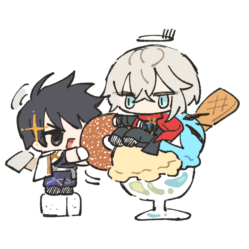 2boys arknights black_hair black_halo black_jacket black_pants blue_eyes blue_pants chibi chibi_only chickenuma_0 commentary_request detached_wings donut executor_(arknights) executor_the_ex_foedere_(arknights) food full_body glass gloves grey_hair hair_between_eyes halo highres holding holding_food ice_cream in_food insider_(arknights) jacket long_sleeves male_focus mini_person miniboy multiple_boys open_mouth pants short_hair short_sleeves simple_background sitting sugar_cube white_background white_gloves wings
