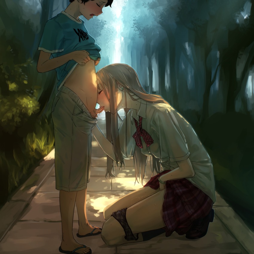 1boy 1girl age_difference black_bra black_hair black_panties blonde_hair blush bra bracelet breasts closed_eyes commentary commentary_request cum cum_in_mouth earrings fellatio female_masturbation flip-flops hetero highres jewelry kneeling masturbation medium_breasts night onee-shota oral original outdoors pale_skin panties panties_around_leg penis plaid_clothes plaid_panties pleated_skirt public_indecency pussy_juice saliva sandals school_uniform see-through_clothes shorts shota size_difference skirt small_penis socks teenage_girl_and_younger_boy testicles tree uncensored underwear yamada_(gotyui)