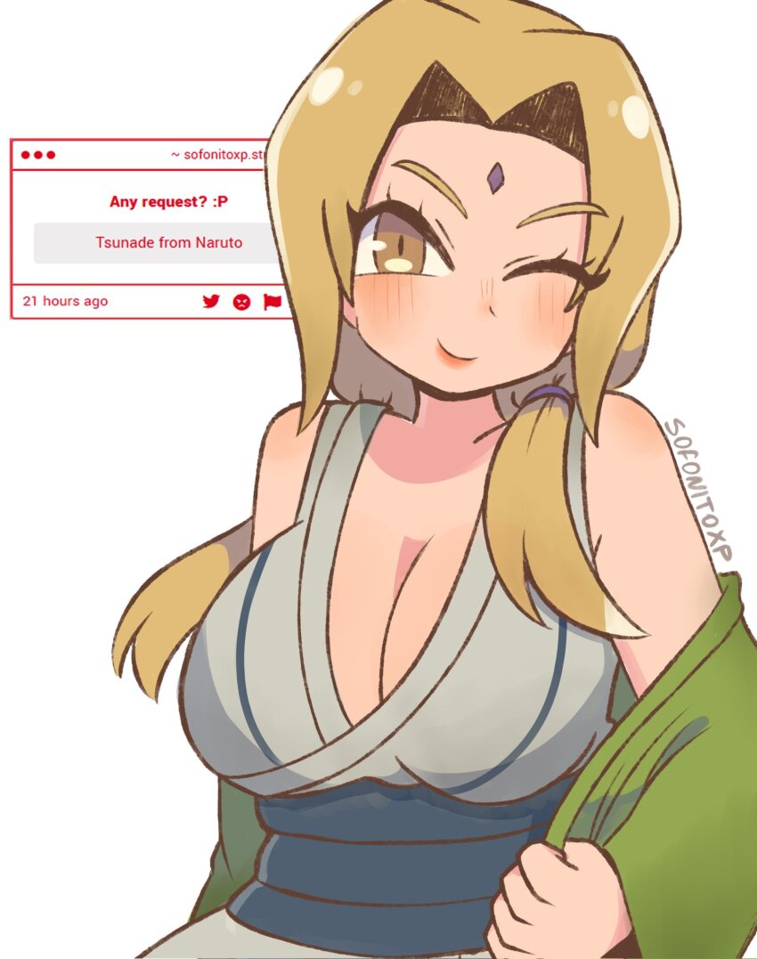 1girl blonde_hair blush breasts brown_eyes cleavage closed_mouth collarbone english_text highres large_breasts long_hair looking_at_viewer naruto_(series) one_eye_closed simple_background smile sofo_soup solo strawpage tsunade_(naruto) upper_body white_background