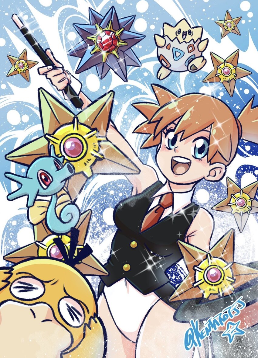 1girl :d asymmetrical_hair blonde_hair blue_eyes blush breasts eyelashes gen_1_pokemon gen_2_pokemon hat highres holding holding_wand horsea james_valle leotard looking_at_viewer misty_(pokemon) necktie nintendo open_mouth orange_hair poke_ball pokemon pokemon_(anime) pokemon_(classic_anime) ponytail psyduck red_necktie shirt short_hair side_ponytail signature sleeveless sleeveless_shirt smile sparkle starmie staryu teeth togepi upper_teeth_only vest wand white_leotard wrist_cuffs