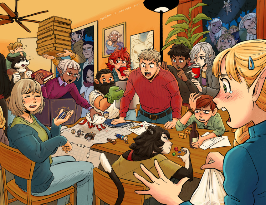 6+boys 6+girls alternate_universe animal_ears board_game bottle cat_ears cat_girl character_doll chilchuck_tims cithis contemporary dark-skinned_female dark-skinned_male dark_skin dia_(dungeon_meshi) dice dog_boy doll door dungeon_meshi dwarf elf fairy fairy_(dungeon_meshi) falin_touden falin_touden_(chimera) falin_touden_(tallman) fleki halfling hien infantplanet inutade izutsumi kabru kuro_(dungeon_meshi) laios_touden lycion maizuru marcille_donato mature_female mickbell_tomas mithrun multiple_boys multiple_girls namari_(dungeon_meshi) open_door otta_(dungeon_meshi) pattadol pizza_box pointy_ears polyhedral_dice rin_(dungeon_meshi) senshi_(dungeon_meshi) shurou tabletop_rpg thistle_(dungeon_meshi) window wine_bottle winged_lion_(dungeon_meshi)