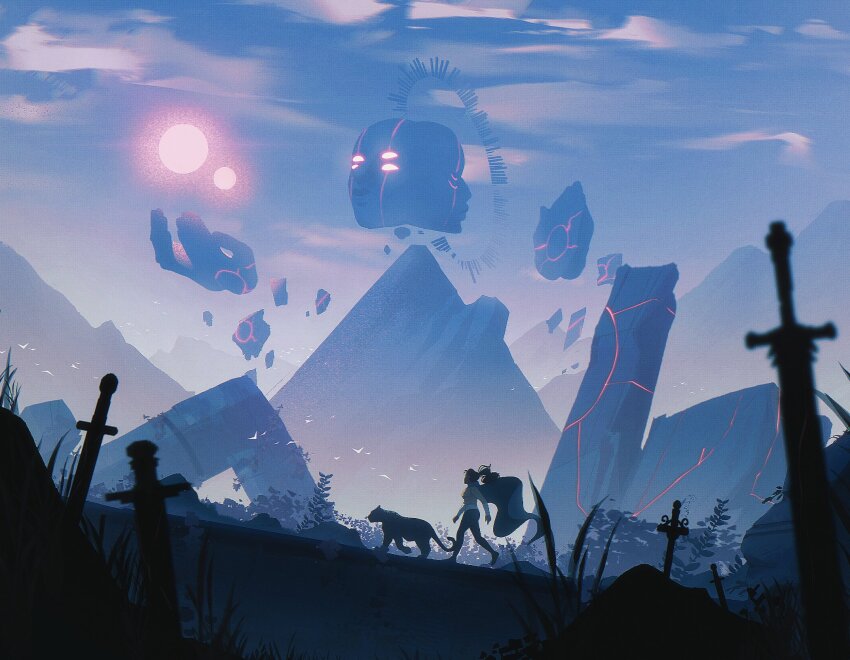 1girl animal blue_sky cape cloud cupping_hands day disembodied_head fantasy floating glowing glowing_eyes glowing_lines glowing_markings highres long_sleeves mountain mountainous_horizon nessatweneboah original outdoors own_hands_together pants planted planted_sword planted_weapon ponytail ruins scenery shirt silhouette sky sword tree weapon