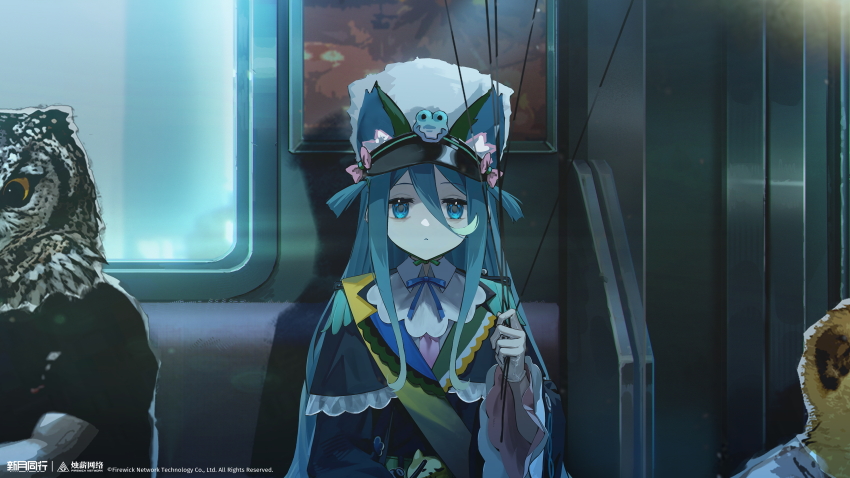 1girl 2others :< absurdres animal_ear_headwear animal_head bird black_coat blue_eyes blue_hair blue_ribbon coat copyright_name copyright_notice fake_animal_ears fur_hat gloves hair_between_eyes hand_up hat highres holding holding_string logo long_hair looking_at_viewer multiple_others neck_ribbon official_art official_wallpaper owl ribbon sash shako_cap shoulder_sash string subway train_interior upper_body white_gloves white_hat xingqiyi_(xinyue_tongxing) xinyue_tongxing yellow_sash