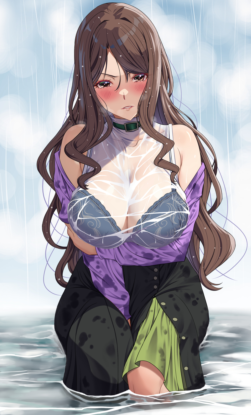 1girl absurdres akihiro0920 arm_under_breasts black_skirt blue_bra blush bra bra_visible_through_clothes breasts brown_eyes brown_hair choker cleavage commentary_request commission green_choker highres jacket large_breasts long_hair looking_at_viewer mugino_shizuri off_shoulder pixiv_commission print_bra purple_jacket rain see-through_clothes shirt sidelocks skirt solo toaru_anbu_no_item toaru_majutsu_no_index underwear wading water wavy_hair wet wet_clothes wet_hair wet_shirt wet_skirt