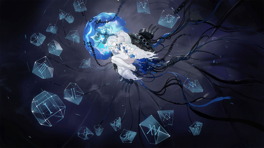 azur_lane closed_eyes crystal doll floating game_cg highres jellyfish non-web_source observer_zero_(azur_lane) rigging roman_numeral ship_turret shirt siren_(azur_lane) string stuffed_toy white_hair white_shirt