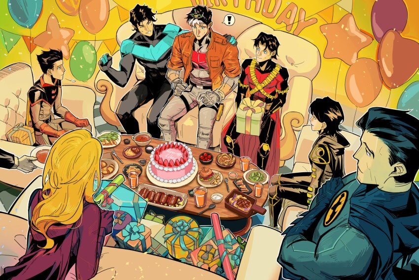 alfred_pennyworth balloon bat_signal batgirl batman batman_(series) batman_symbol black_bodysuit black_hair blue_eyes bodysuit bruce_wayne cassandra_cain commission cryinggyarados dc_comics dick_grayson family grey_bodysuit happy_birthday heart_balloon highres jason_todd multicolored_bodysuit muscular muscular_male nightwing red_hood_(dc) red_robin robin_(dc) sample_watermark second-party_source short_hair star_balloon stephanie_brown superhero_costume taut_bodysuit tim_drake two-tone_bodysuit watermark