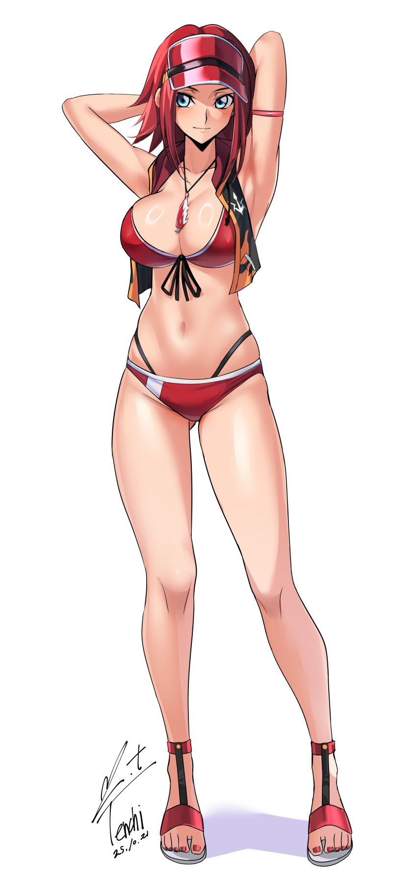 1girl absurdres arm_behind_head armpits artist_name bikini blue_eyes breasts cleavage code_geass code_geass:_genesic_re;code commentary_request dated feet highres jacket jewelry kouzuki_kallen large_breasts looking_at_viewer multicolored_jacket navel necklace official_alternate_costume red_bikini red_hair red_nails sandals short_hair simple_background solo stomach swimsuit two-tone_jacket visor_cap white_background yoo_tenchi