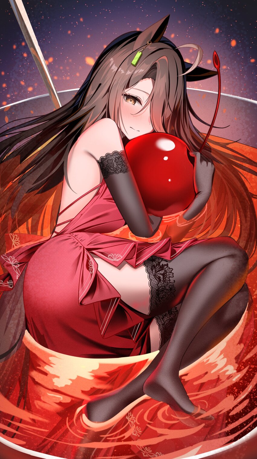 1girl absurdres ahoge alternate_costume animal_ears backless_dress backless_outfit bare_shoulders black_gloves black_hair black_thighhighs blush brown_eyes check_commentary cocktail commentary_request dress elbow_gloves food full_body gloves hair_over_one_eye highres holding_cherry horse_ears horse_girl horse_tail in_food lace lace-trimmed_gloves lace-trimmed_thighhighs lace_trim long_hair looking_at_viewer manhattan_cafe_(umamusume) mini_person minigirl multicolored_hair no_shoes one_eye_covered red_dress sideless_dress solo streaked_hair tail thighhighs umamusume vami white_hair