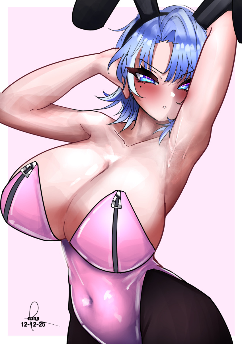 armpits blue_hair breasts commentary english_commentary highres large_breasts original playboy_bunny runa_(runasi) wolf_cut