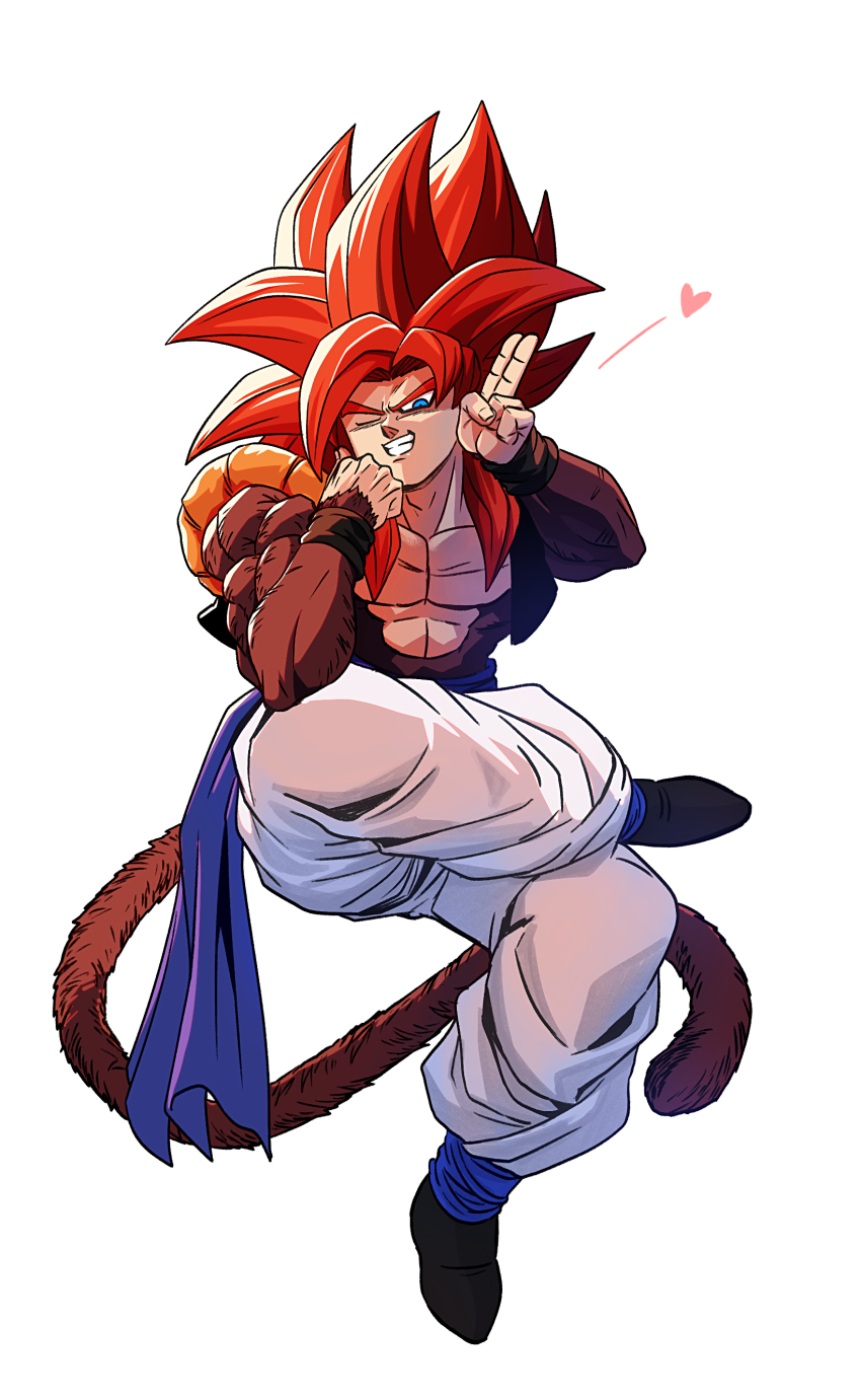 1boy absurdres black_vest blue_eyes blue_sash body_fur brown_fur commentary_request cropped_vest crossed_legs dragon_ball dragon_ball_gt gogeta heart highres invisible_chair long_hair male_focus metamoran_vest monkey_tail muscular muscular_male no_shirt one_eye_closed pants parted_lips red_hair salute sash simple_background sitting smile solo spiked_hair super_saiyan super_saiyan_4 tail two-finger_salute vest white_background white_pants yuuri_(fukuroudou)