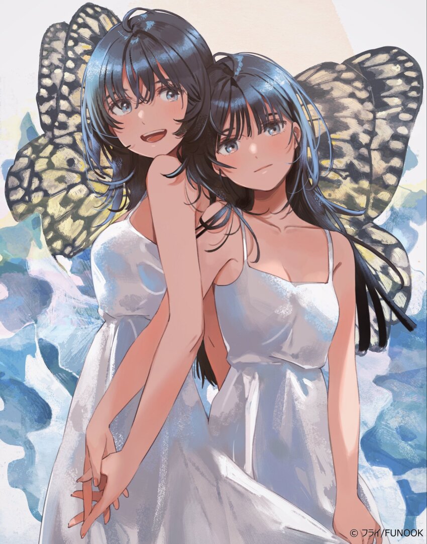 2girls black_eyes black_hair breasts butterfly_wings cleavage closed_mouth commentary_request dress fly_(marguerite) hair_between_eyes highres holding_hands insect_wings interlocked_fingers long_hair medium_breasts multiple_girls open_mouth original white_background white_dress wings yuri