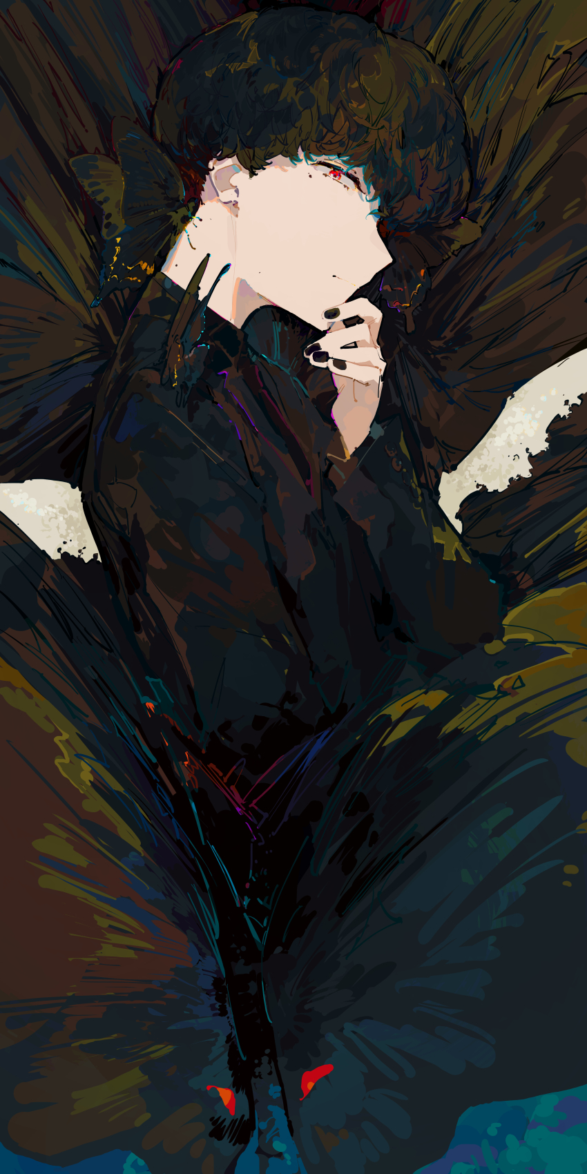 absurdres black_hair black_nails bug butterfly commentary_request from_side highres insect long_sleeves looking_at_viewer nail_polish original red_eyes shiloroshi short_hair solo