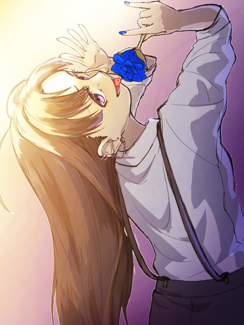 1girl awa_subaru ayataka_syumimi black_hair blue_flower blue_nails blue_rose commentary ear_piercing earrings flower girls_band_cry highres holding holding_hose hose jewelry linked_piercing long_hair looking_at_viewer nail_polish open_mouth piercing purple_background purple_eyes rose shirt three-quarter_sleeves solo suspenders tongue tongue_out tongue_piercing white_shirt