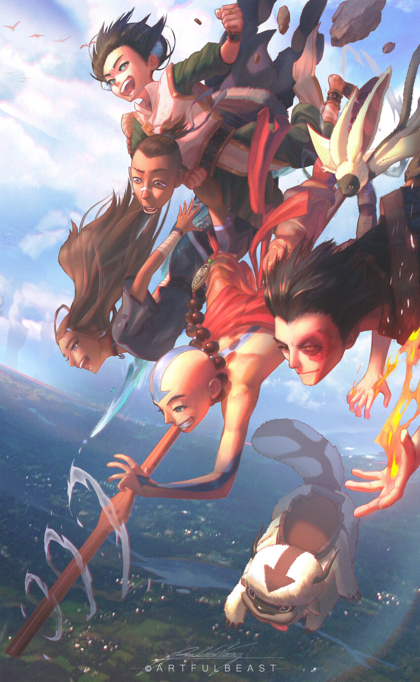 2girls 3boys :d aang absurdres aerokinesis animal appa aqua_eyes arm_tattoo arrow_(symbol) arrow_tattoo artist_name avatar:_the_last_airbender avatar_legends back_tattoo bald bandaged_arm bandages bandaid bandaid_on_face bandaid_on_nose bead_necklace beads bird black_choker black_hair blind blue_dress blue_eyes blue_ribbon blue_sky blurry blurry_background bracelet brown_hair brown_pants bruise bruised_eye choker clenched_hands closed_mouth cloud cloudy_sky commentary dark-skinned_female dark-skinned_male dark_skin dress earrings english_commentary eyelashes fire flaming_hand flying foot_out_of_frame geokinesis green_eyes green_pants green_robe hair_bun hair_ornament hair_ribbon half-closed_eyes head_tattoo highres holding holding_staff horizon hydrokinesis injury jewelry katara lemur lips long_hair looking_down looking_to_the_side momo_(avatar) multiple_boys multiple_girls necklace nose open_mouth orange_eyes orange_tunic outdoors pants paul_nong pom_pom_(clothes) pom_pom_hair_ornament purple_eyes pyrokinesis ribbon ring robe rock short_hair short_sleeves signature single_hair_bun sky smile sokka staff stud_earrings tattoo teeth tongue tongue_out too_many too_many_birds toph_beifong tunic upper_body water wind zuko