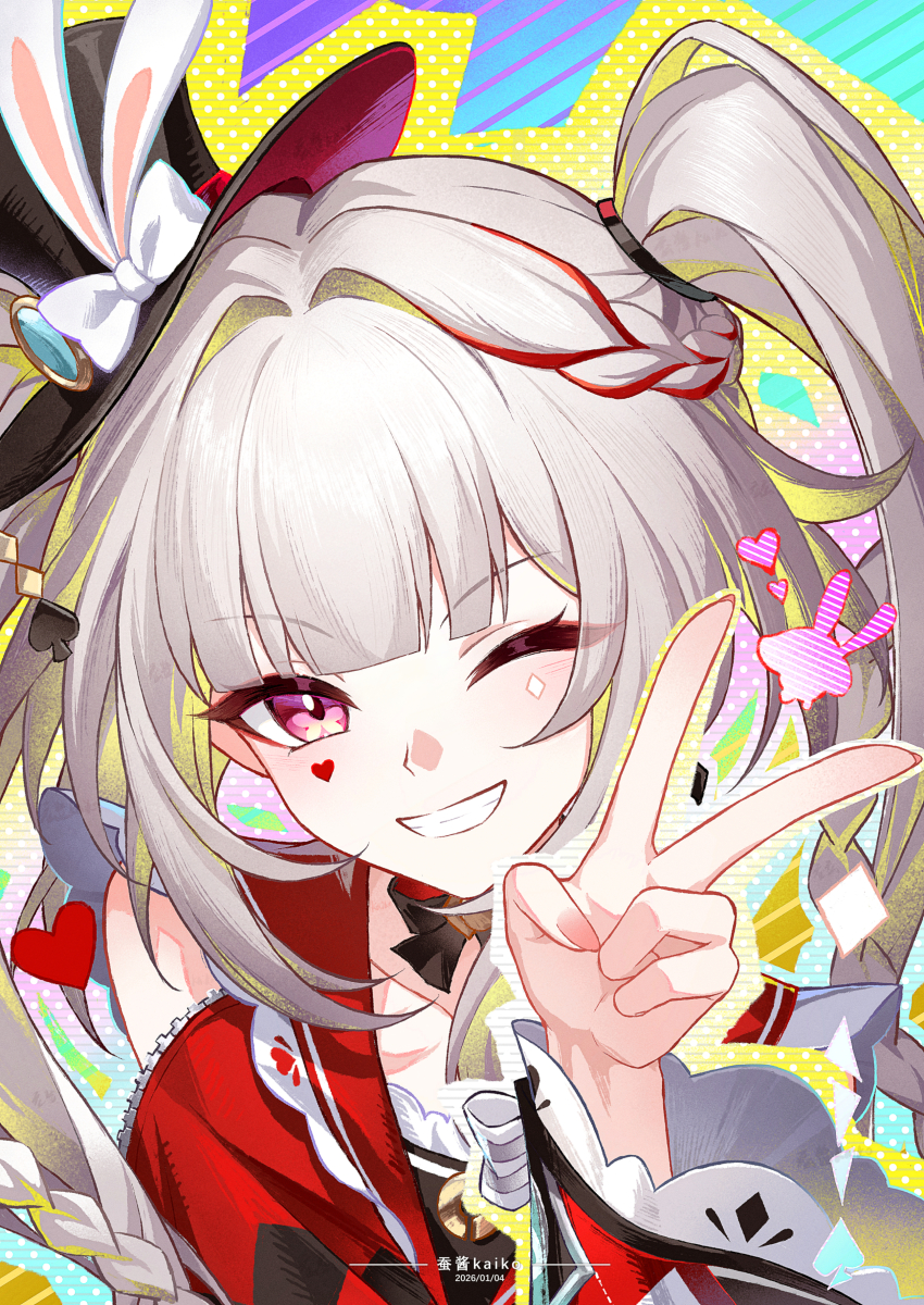 1girl absurdres bow braid cancancancan chinese_commentary choker commentary_request grey_hair grin hat hat_bow heart highres honkai:_star_rail honkai_(series) long_sleeves looking_at_viewer multicolored_hair one_eye_closed pink_eyes red_hair side_ponytail smile solo sparkle_(honkai:_star_rail) sparxie_(honkai:_star_rail) streaked_hair top_hat upper_body v virtual_youtuber white_bow white_hair
