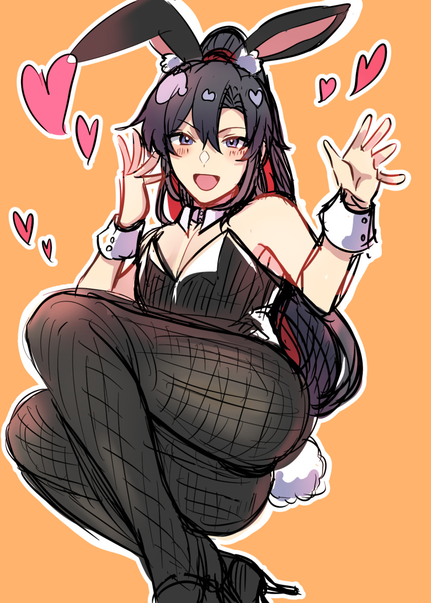 1boy alternate_costume animal_ears aslle ass bare_arms bare_shoulders black_hair black_leotard black_pantyhose black_shoes blush commentary_request crossdressing crossdressing_(mtf) detached_collar fake_animal_ears fake_tail fishnet_pantyhose fishnets hair_between_eyes hair_ribbon hands_up heart high_heels highres leotard long_hair looking_at_viewer male_focus male_playboy_bunny modao_zushi open_mouth orange_background pantyhose playboy_bunny ponytail purple_eyes rabbit_ears rabbit_tail red_ribbon ribbon shoes sidelocks simple_background sitting sketch smile solo strapless strapless_leotard tail trap wei_wuxian wrist_cuffs