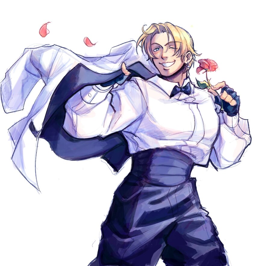 1girl _lemon1034 blonde_hair blue_eyes bow bowtie breasts female_focus flower king_(snk) medium_breasts one_eye_closed pale_skin petals rose rose_petals shirt short_hair smile smiley_face standing the_king_of_fighters thick_thighs thighs tuxedo undressing white_shirt