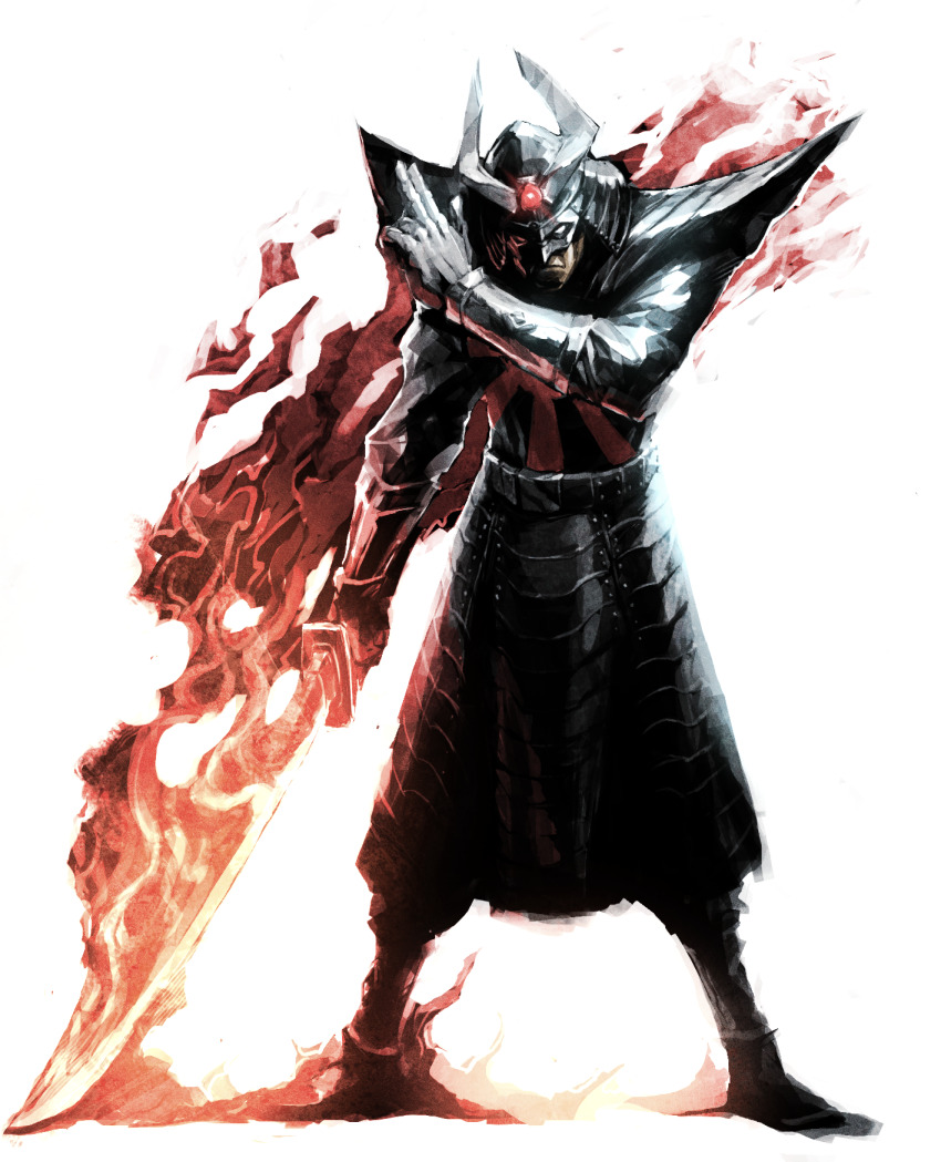 1boy armor black_armor black_pants black_shoes bracer breastplate closed_mouth commentary fire flag_print flaming_sword flaming_weapon full_armor gloves hand_up helmet highres holding holding_sword holding_weapon japanese_armor kabuto_(helmet) kuji-in kusazuri looking_at_viewer male_focus marvel naratani painterly pants pauldrons print_armor rising_sun_flag shoes shoulder_armor silver_samurai simple_background solo sunburst sword weapon white_background white_gloves x-men