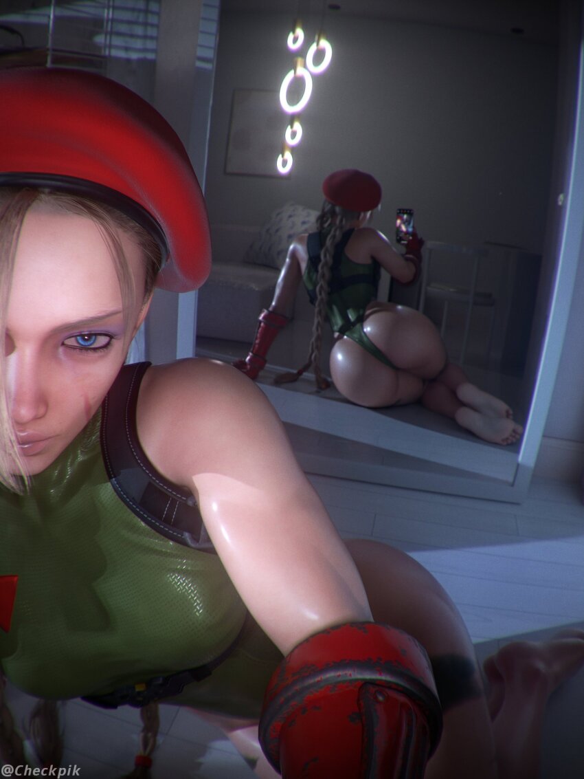 3d ass blonde_hair blue_eyes braid camera cammy_white capcom checkpik highres holding holding_camera looking_at_viewer military mirror phone street_fighter