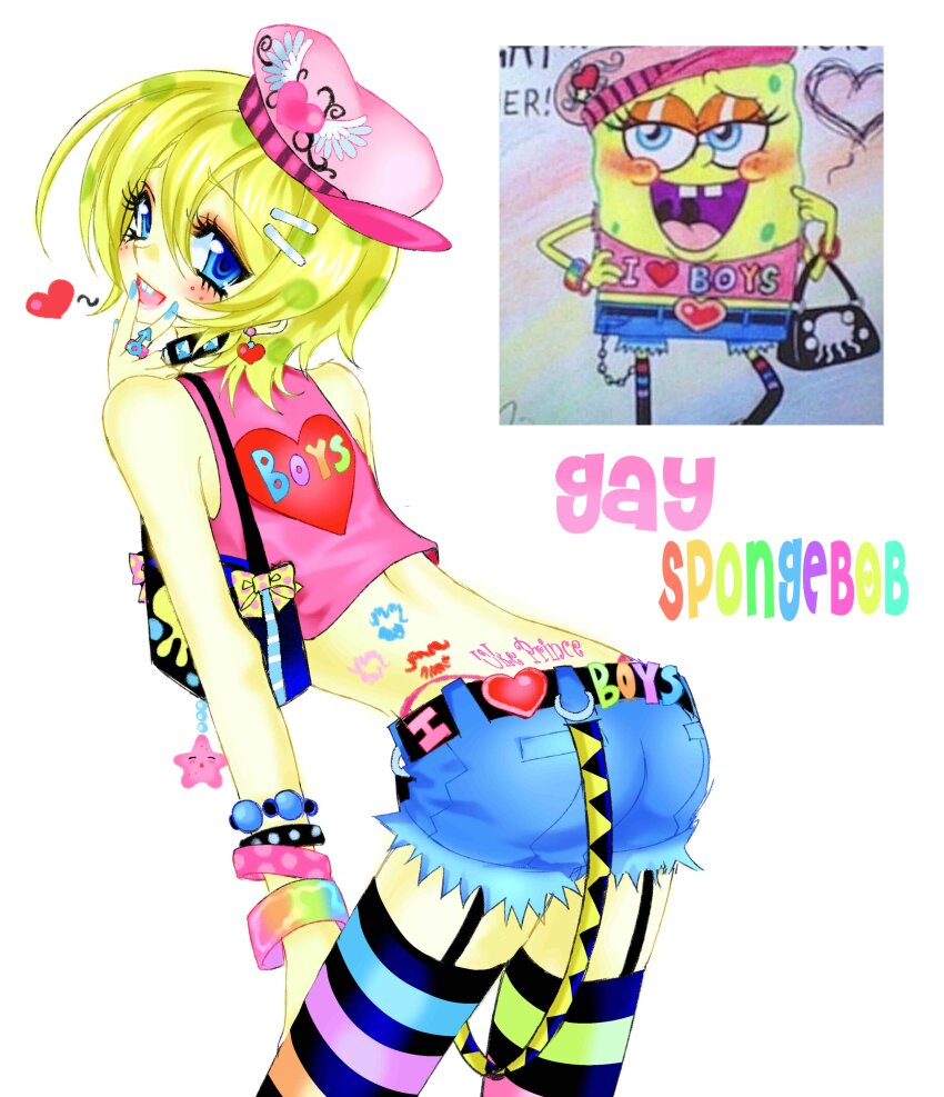 1boy :d absurdres back_tattoo bag bag_charm bare_shoulders belt black_bag black_belt blonde_hair blue_eyes blue_nails blue_shorts blush bracelet buck_teeth charm_(object) crop_top denim denim_shorts english_text eyeshadow freckles g-string garter_straps girly_boy hair_between_eyes hair_ornament hairclip hand_on_own_face handbag hat heart heart_print highres humanization jewelry kasanemichael leaning_forward lipstick_mark makeup male_focus multicolored_thighhighs multiple_bracelets newsboy_cap open_mouth pink_hat pink_shirt print_shirt red_eyeshadow reference_inset ring shirt short_hair short_shorts shorts sleeveless sleeveless_shirt smile solo spongebob_squarepants spongebob_squarepants_(series) striped_clothes striped_thighhighs tattoo teeth thighhighs thong tramp_stamp white_background