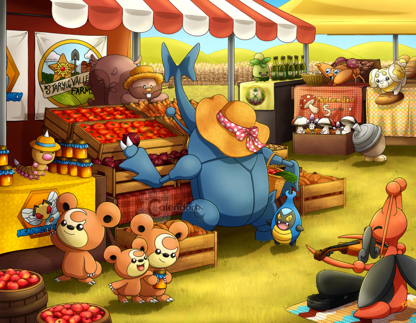 :3 apple apron arboliva artist_name baguette barrel basket beedrill bottle bread buck_teeth character_name closed_eyes closed_mouth clothed_pokemon commentary crate ditto english_commentary english_text fangs fidough food foongus fruit gen_1_pokemon gen_2_pokemon gen_3_pokemon gen_4_pokemon gen_5_pokemon gen_7_pokemon gen_8_pokemon grass greedent green_apron hat heracross highres holding holding_basket holding_bread holding_food holding_instrument holding_jar holding_vegetable holding_violin honey instrument jar karrablast kricketune market morelull mushroom music nintendo onion open_mouth outdoors paras playing_instrument pokemon pokemon_(creature) pokemon_focus potato pumpkin seedot signature sitting smile smoliv staryu straw_hat sun_hat teddiursa teeth thecalendork tomato transformed_ditto vegetable violin violin_case watermark weedle wheat_field