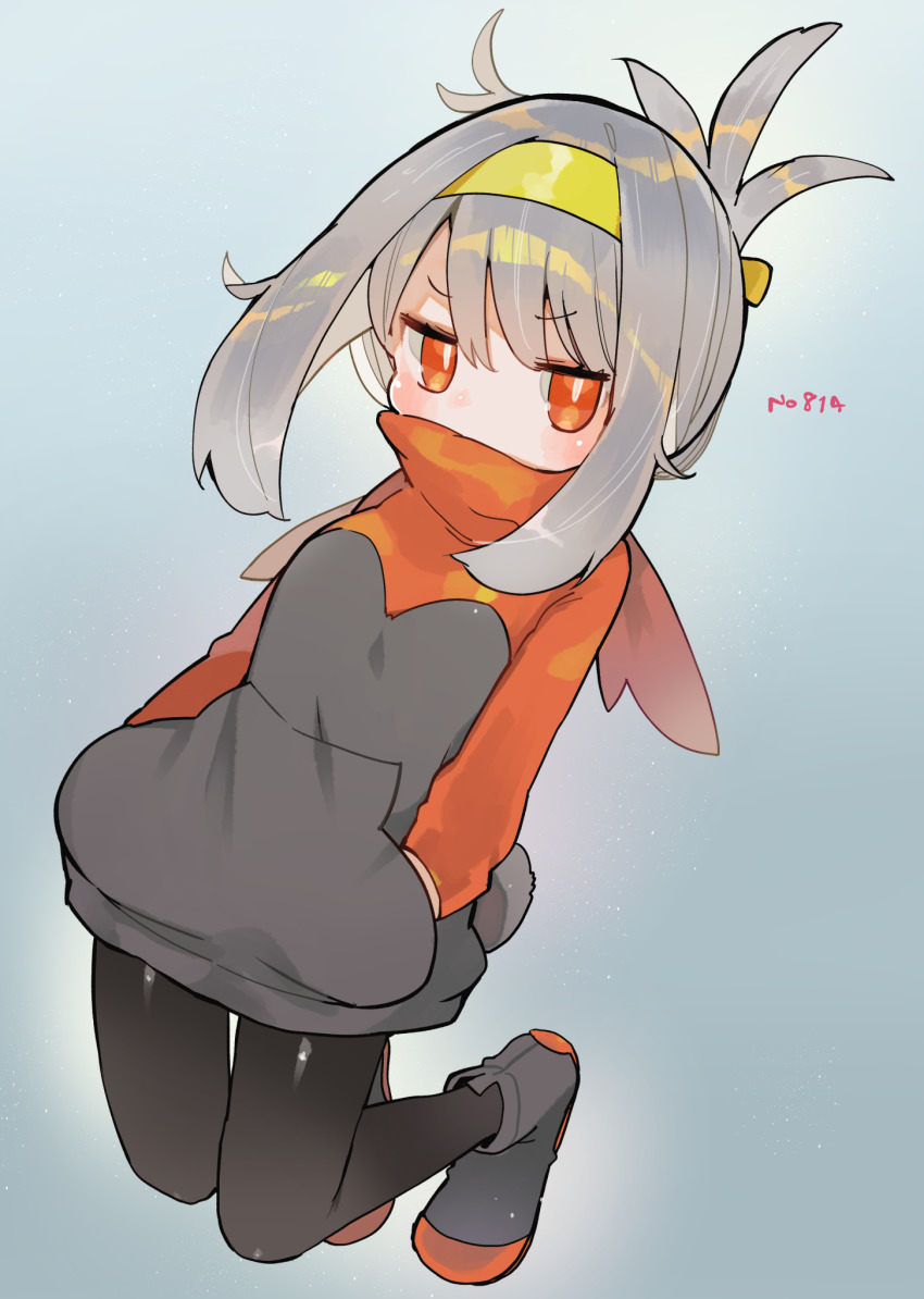 1girl black_pantyhose blush boots commentary_request covered_mouth folded_ponytail gen_8_pokemon grey_hair hair_between_eyes hairband hands_in_pockets highres hood hoodie long_sleeves looking_at_viewer nintendo pantyhose personification pokemon rabbit_tail raboot red_eyes sakutake_(ue3sayu) sidelocks simple_background solo tail yellow_hairband
