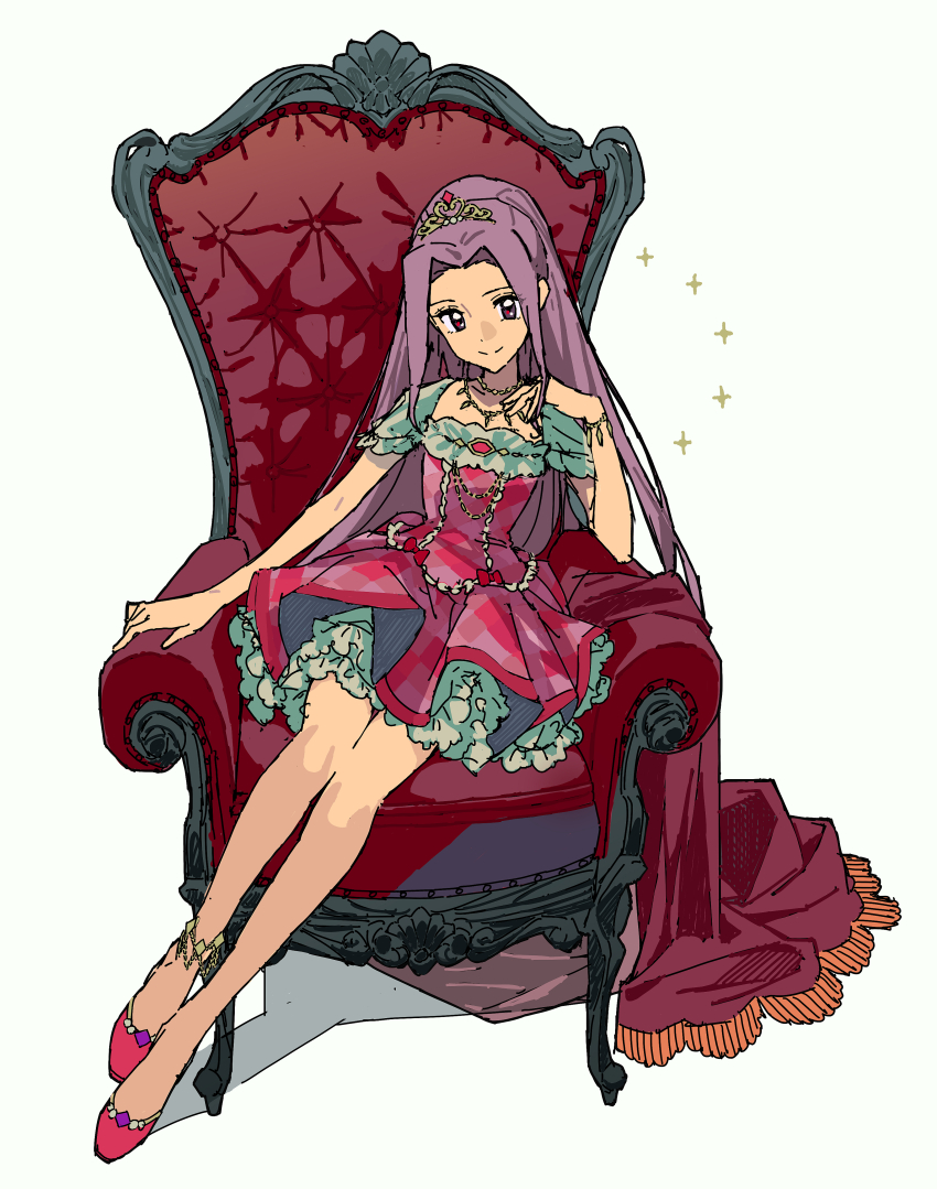 1girl absurdres aikatsu! aikatsu!_(series) anklet bracelet commentary_request dress frilled_dress frills gingham_clothes gingham_dress hand_up highres idol idol_clothes jewelry kanzaki_mizuki long_hair long_sidelocks necklace pink_dress pink_shoes purple_eyes purple_hair shoes short_dress short_sleeves sidelocks simple_background sitting sitting_on_throne solo sparkle straight_hair throne tiara white_background yamaguchi_haruka_(tenpiboshi)