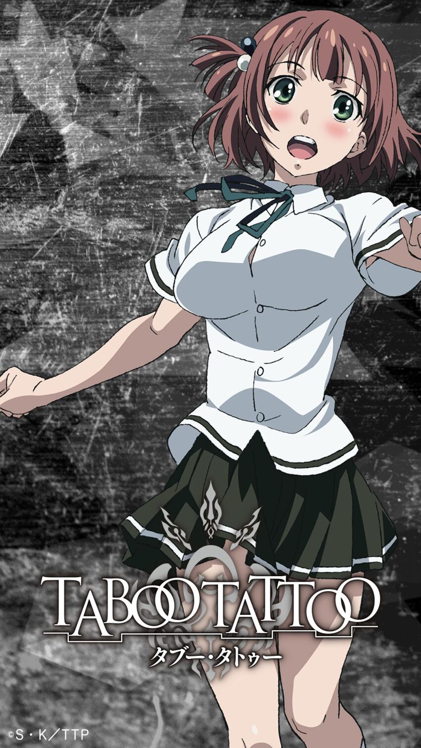 1girl black_skirt blush breasts brown_hair collared_shirt english_text female_focus green_eyes green_neckerchief highres ichinose_touko japanese_text large_breasts legs looking_at_viewer medium_hair miniskirt neckerchief open_mouth pleated_skirt school_uniform sexually_suggestive shirt short_sleeves side_ponytail skirt solo solo_focus taboo_tattoo teeth thighs translation_request upper_teeth_only white_shirt