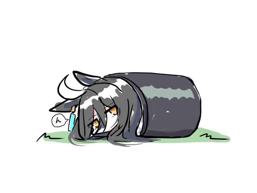 1girl ahoge animal_ears black_hair chibi food hair_between_eyes highres horse_ears in_food kawamochi_(kawauti919) looking_at_viewer makizushi manhattan_cafe_(umamusume) mini_person minigirl multicolored_hair on_grass orange_eyes simple_background solo sushi translation_request two-tone_hair umamusume white_background white_hair